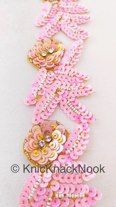 Pink And Gold Sequins Trim With Diamante Beads, Floral Trims, Trimming